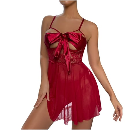 

JeashCHAT Sexy Lingerie for Women Ladies Cute Girl Solid Bow Lace Mesh Splicing Perspective Sexy Sling Slim Nightdress