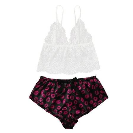 

EHTMSAK Women s Pajamas Set Pj Set Sexy Cami Crop Top Shorts Lace 2 Piece Sleepwear Nightwear Loungewear Black L