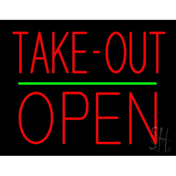 Take-Out Block Open Green Line LED Neon Sign 15 x 19 - inches, Clear Edge Cut Acrylic Backing, with Dimmer - Bright and Premium built indoor LED Neon Sign for Bar decor.