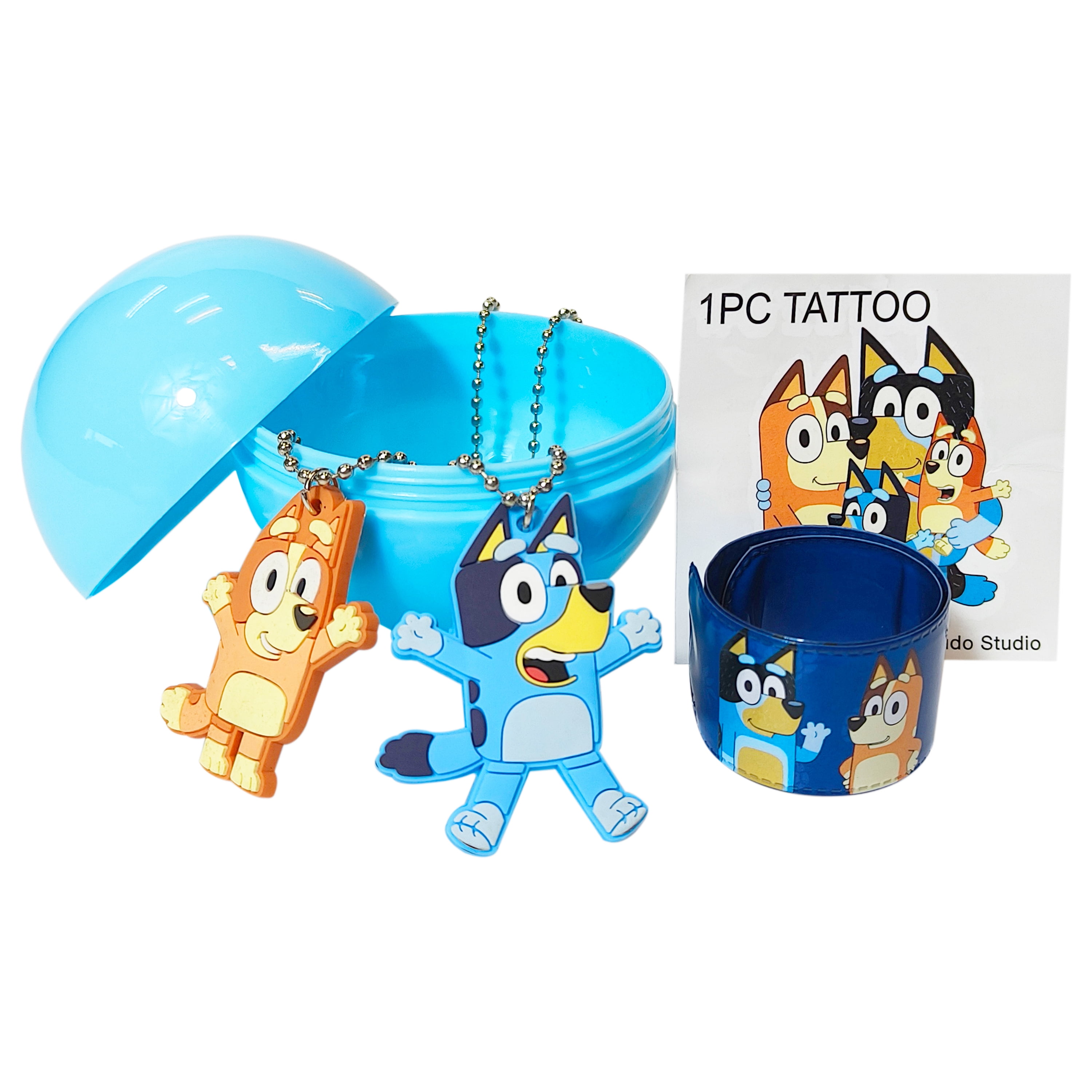Bluey Surprise Ball with a bracelet, keychain, necklace, and tattoo