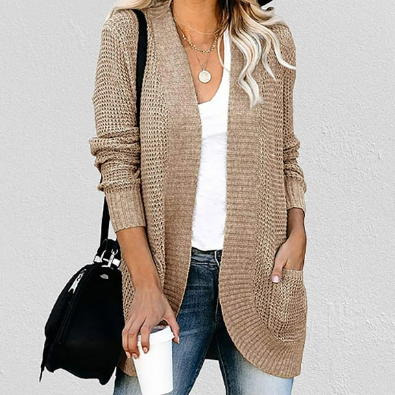 LoyisViDion Coat Women Casual Soild Long Sleeve Pocket Plush Long Knit Cardigan Sweater Khaki 12(XXL)