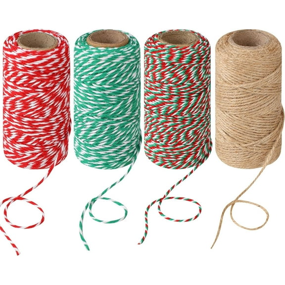 4 Rolls Twine String for Crafts Cotton String, Natural Jute Twine String Jute Rope, Green Red and White Twine Craft Twine Rope Wrapping, Gardening, Decorating(70m/Roll)