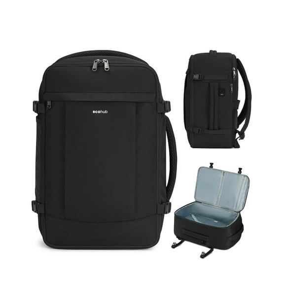 Mochila de viaje ECOHUB de 30 litros con carga USB para portátil de 15,6 pulgadas, color negro