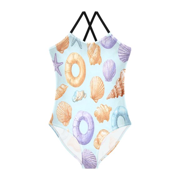 BZSMCE One-Piece Swimsuit with Crisscross StrapsShells Blue Background Pattern