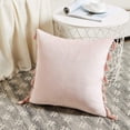 thumbnail image 2 of Dinheiro Juego de 2 lindas fundas de almohada decorativas con borlas hechas a mano, juego de fundas de cojín cuadradas sólidas de terciopelo suave color melocotón para sofá, dormitorio, coche, sala, 2 of 6