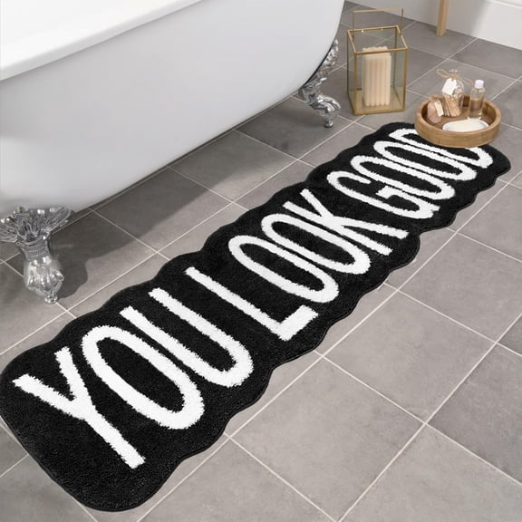 You Look Good Rug Bath Mat Long Bathroom Rug Black and White 20" x 59" | Super Soft Funny Decor for Bedroom, Non Slip Water Absorbent Cute Scalloped Bathroom Runner Rugs for Sink Bathtub Bedside