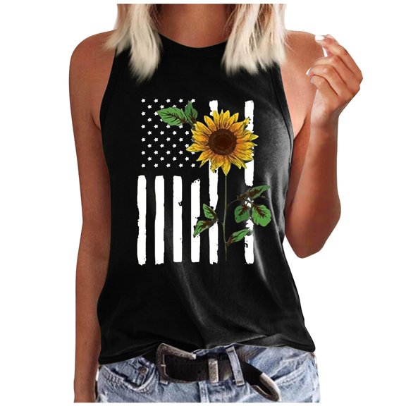 4Th Of July Tank Tops For Women Dressy Casual Blouse Sleeveless Crew Neck Patriotic Tops 2024 Fashion Usa T Shirt Summer Plus Size Flag Shirt Womens 4Th Of July Tops