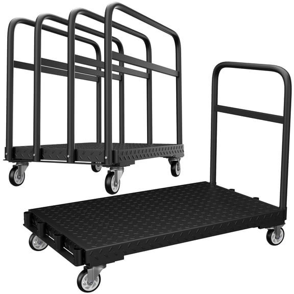 HOHYN 2IN1 Steel Panel Truck Cart, Lumber Cart Drywall Dolly，1500LBS Industrial-Strength Flatbed Cart Dolly with 6" Swivel Brake Wheels, Platform Truck with 1Front and 4Side Handrails Black