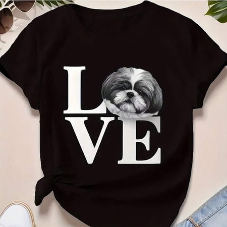 Cute Shih Tzu Dog Mom LOVE Graphic T-Shirt Retro Pet Lover Black Cotton Tee for Women Men Unisex Adult