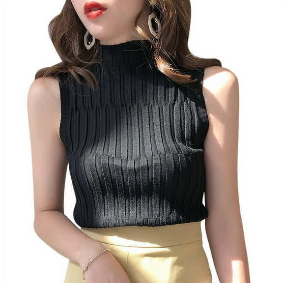 Promotion！Womens Sleeveless Mock Layer Tee Top Knit Top Ribbed Knit Sleeveless T Shirt Cap