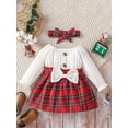 thumbnail image 2 of Biezeib Infant Girl Fall A-Line Dress with Bow Headband, Long Sleeve Round Neck Plaid Print Patchwork Dress, 2 of 6