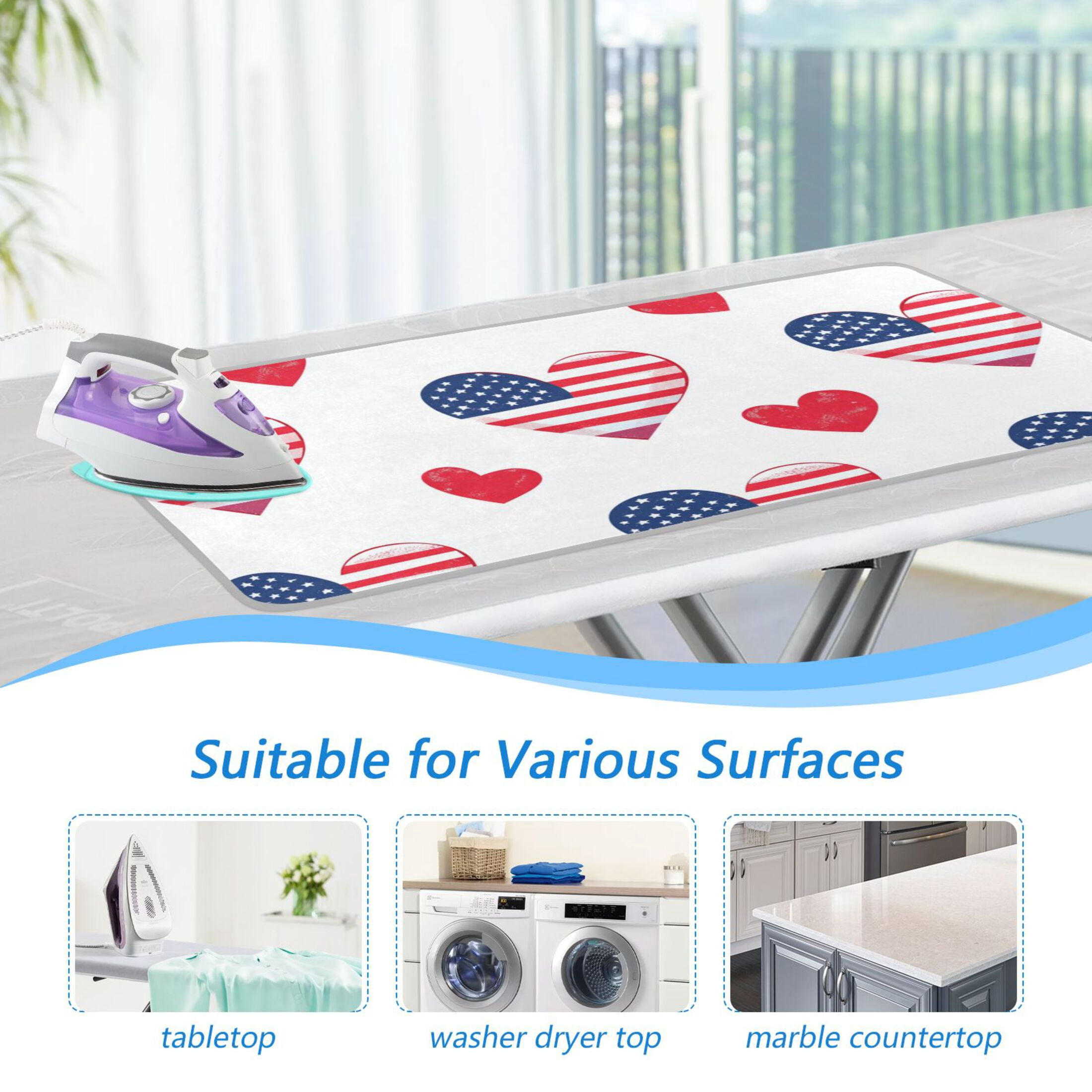 Hearts with Flag Pattern Design Independence Day Ironing Mat Blanket Portable Travel Ironing Pad Heat Resistant Pad 47.2" x 27.6”