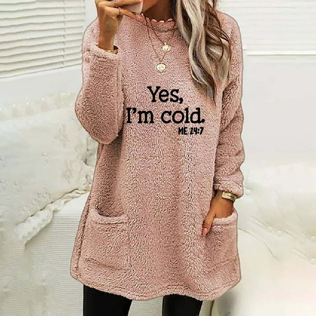 T-shirts Surdimensionnés pour Femmes Col Rond et Hiver Ample Imprimé Poche Chaud Manches Longues Blouse Tops Femmes Manches Longues Tops en Liquidation