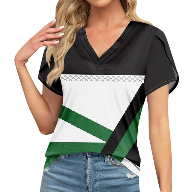 T-shirts Décontractés pour Femmes à Imprimé Géométrique, Col Rond, Manches Courtes, Mode 2024 Printemps Été, Coupe Ample, Vert 2TG