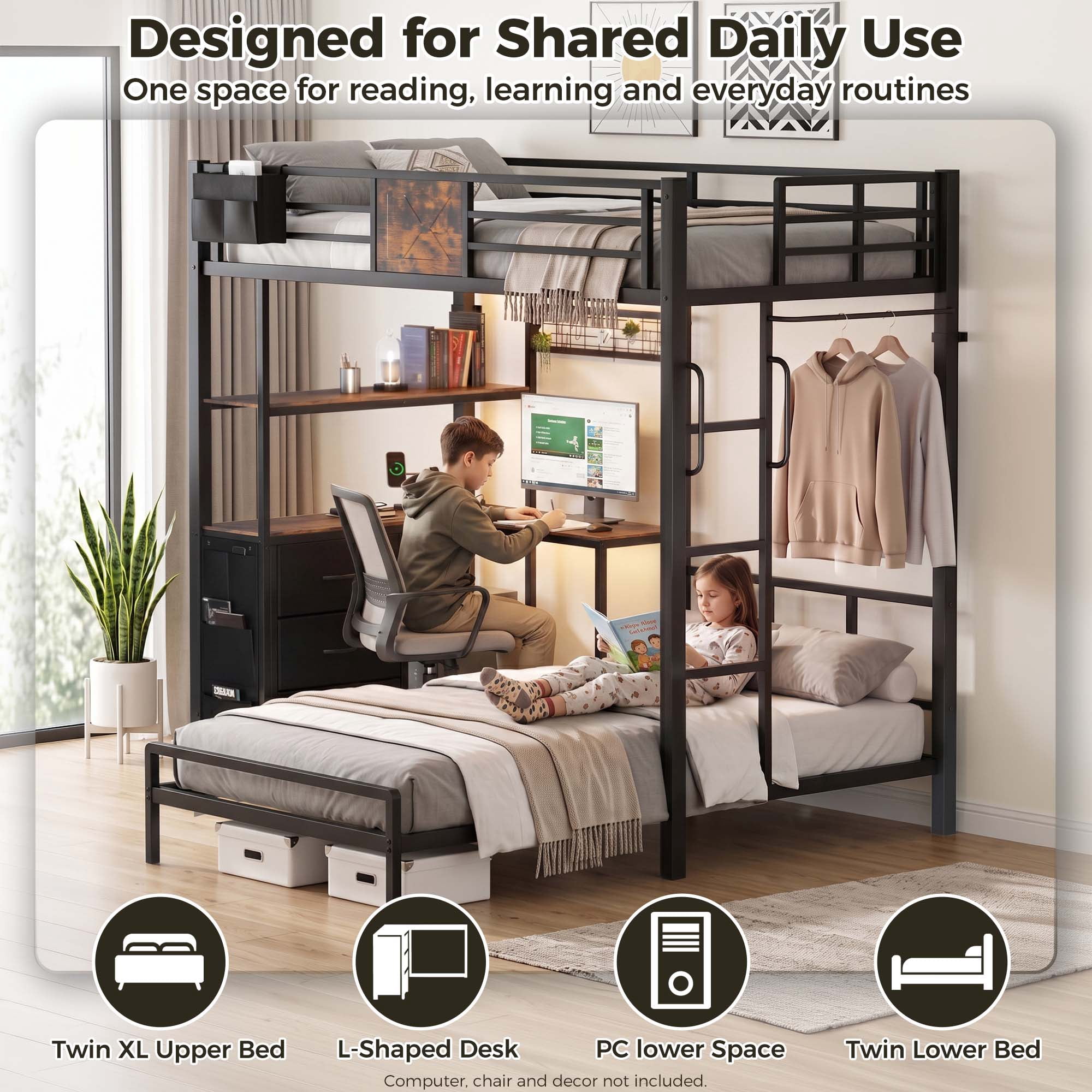 Miniyam Twin XL Over Twin Metal Bunk Bed with L-Shaped Desk, Storage Drawers, RGB LED Light and Charging Station, Black