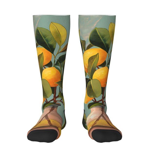 Balery Retro Warm Lemon Flower Calcetines novedosos Calcetines deportivos Calcetines hasta la rodilla Calcetines de algodón Calcetines originales y geniales
