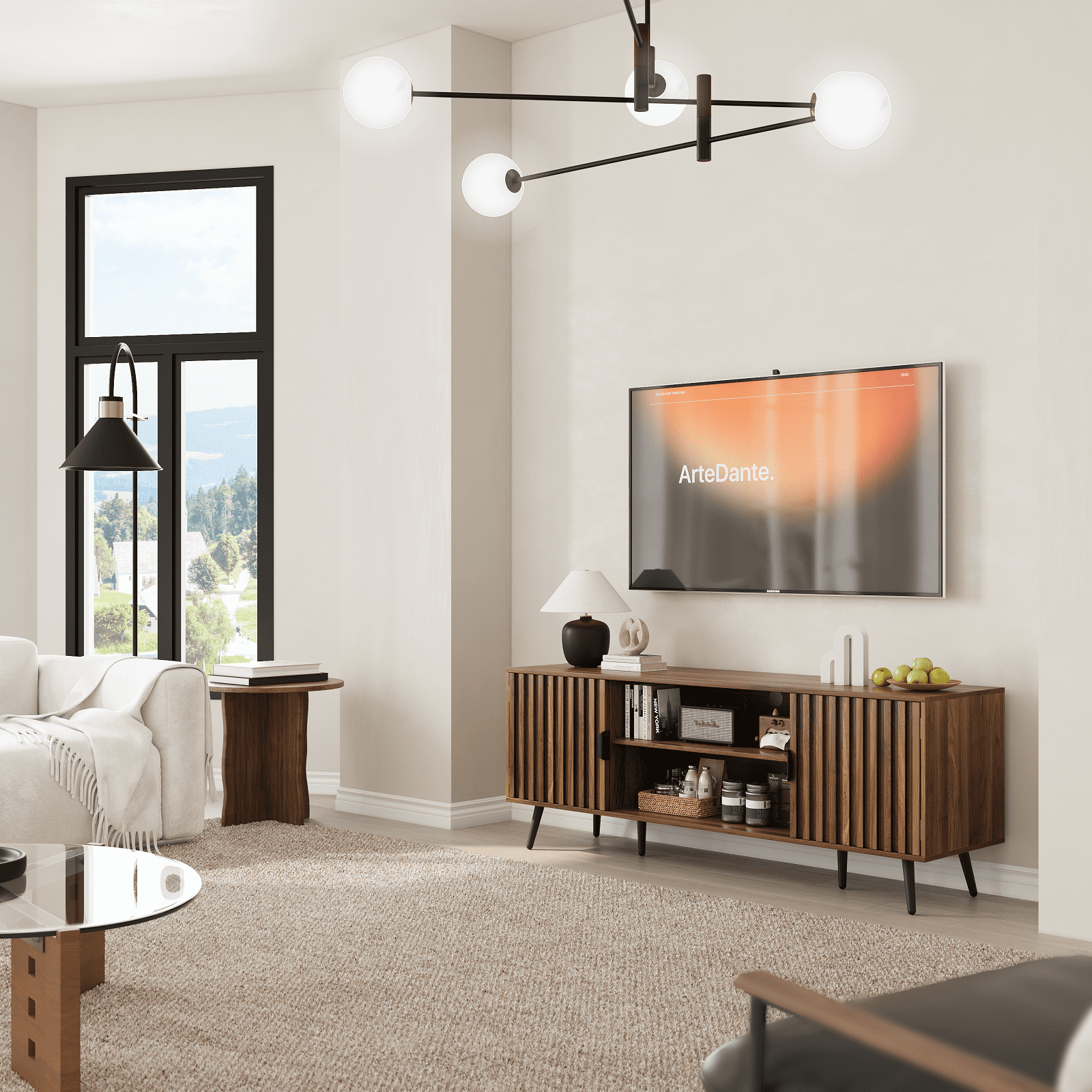 Smuxee Entertainment Center for TVs,Fluted TV Stands for 55 Inch TV,Walnut