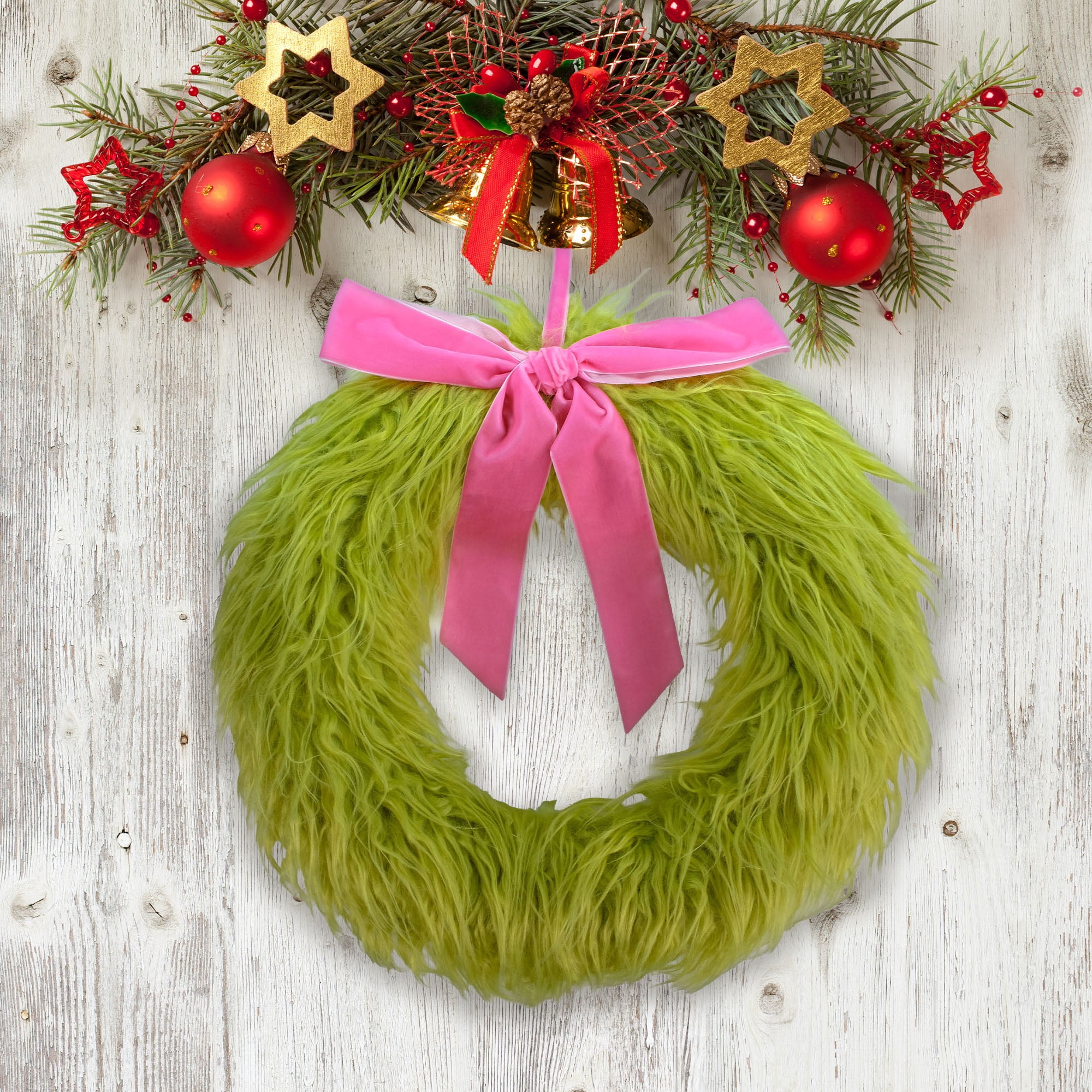 Dr. Seuss The Grinch Green Furry Wreath with Pink Ribbon by Dr. Seuss - Holiday Decoration