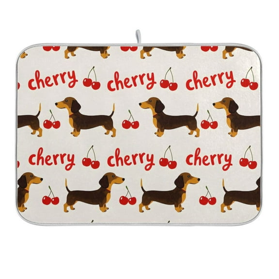Dachshund and Cherry Dish Drying Mat 16x18 Absorbent Microfiber Draining Rack Pad for Kitchen Counter Sink