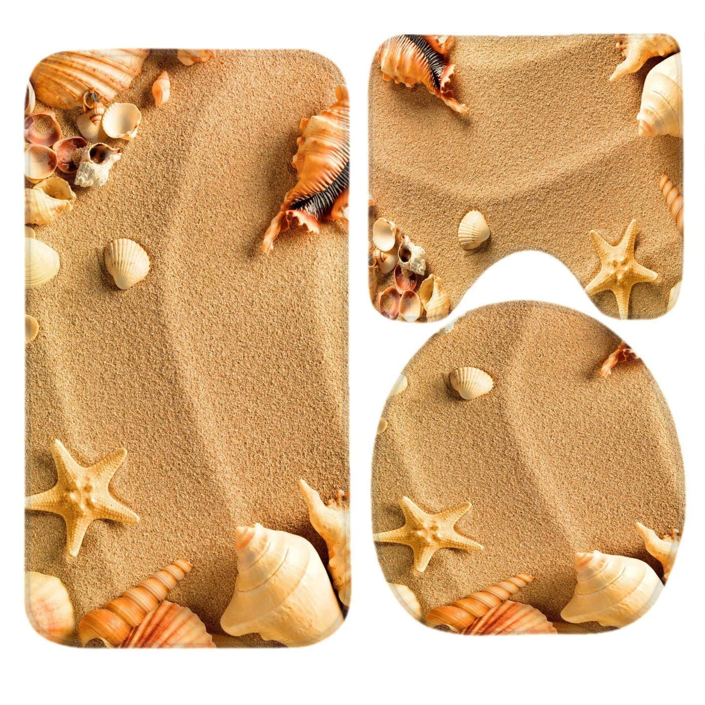 CHAPLLE Beach Sea Shell Sand 3 Piece Bathroom Rugs Set Bath Rug Contour