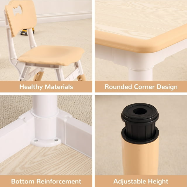 Adjustable Kids Table and 4 Chairs Set - Non-Slip, Graffiti-Resistant, Multi-Activity Desk for Study, Arts & Play, Ages 2-10, Home/Daycare/Study Room, Wood Color
