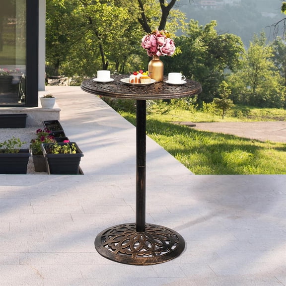 Elegant Outdoor Bistro Pub Table in Antique Bronze Finish: High Patio Cocktail Table Adds Charm to Any Space