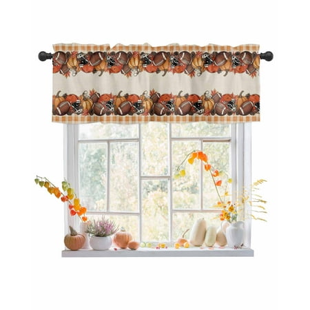 Rod Pocket Window Valances Autumn Pumpkin Rugby Helmet on Linen Short Kitchen Curtains Orange Buffalo Plaid Window Treatment Drapes for Bedroom Bathroom Living Room 54x18In 1 Panel