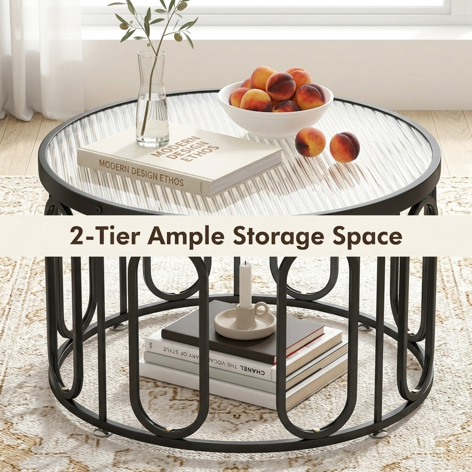 Furnibear 24 Inch Round Coffee Table with Reeded Tempered Glass Top and Oval Swivel Brackets a Modern Small Living Room Glass Center Table, Black