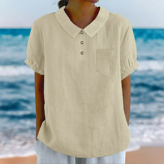 nochalofo Beige Sweetheart Casual Plus Size Tops for Women, Cotton Linen Shirts Summer Short Sleeve Casual Collared Work Blouse Tunic Tops