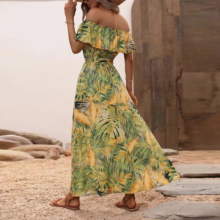 Women Ruffle Floral Maxi Summer Dress Off Shoulder Short Sleeve Backless  Flounce Bodice Slit Hem Beach Dresses Yellow L - Walmart.com
