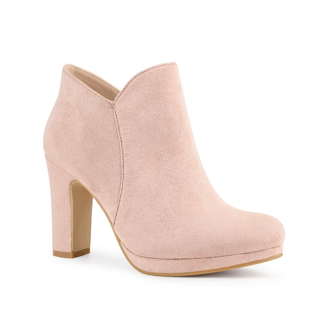 Unique Bargains Bottes à Talon Épais à Bout Rond pour Femme, Cheville, Rose Poudré (Taille 6)
