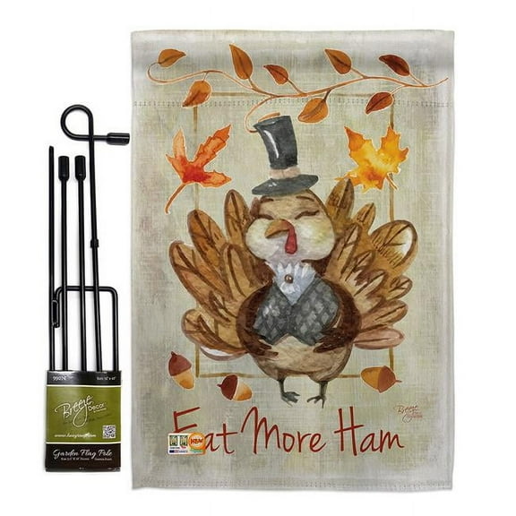 Breeze Decor BD-TG-GS-113056-IP-BO-D-US16-BD 13 x 18.5 in. Eat More Fall Thanksgiving Vertical Double Sided Mini Garden Flag Set with Banner Pole