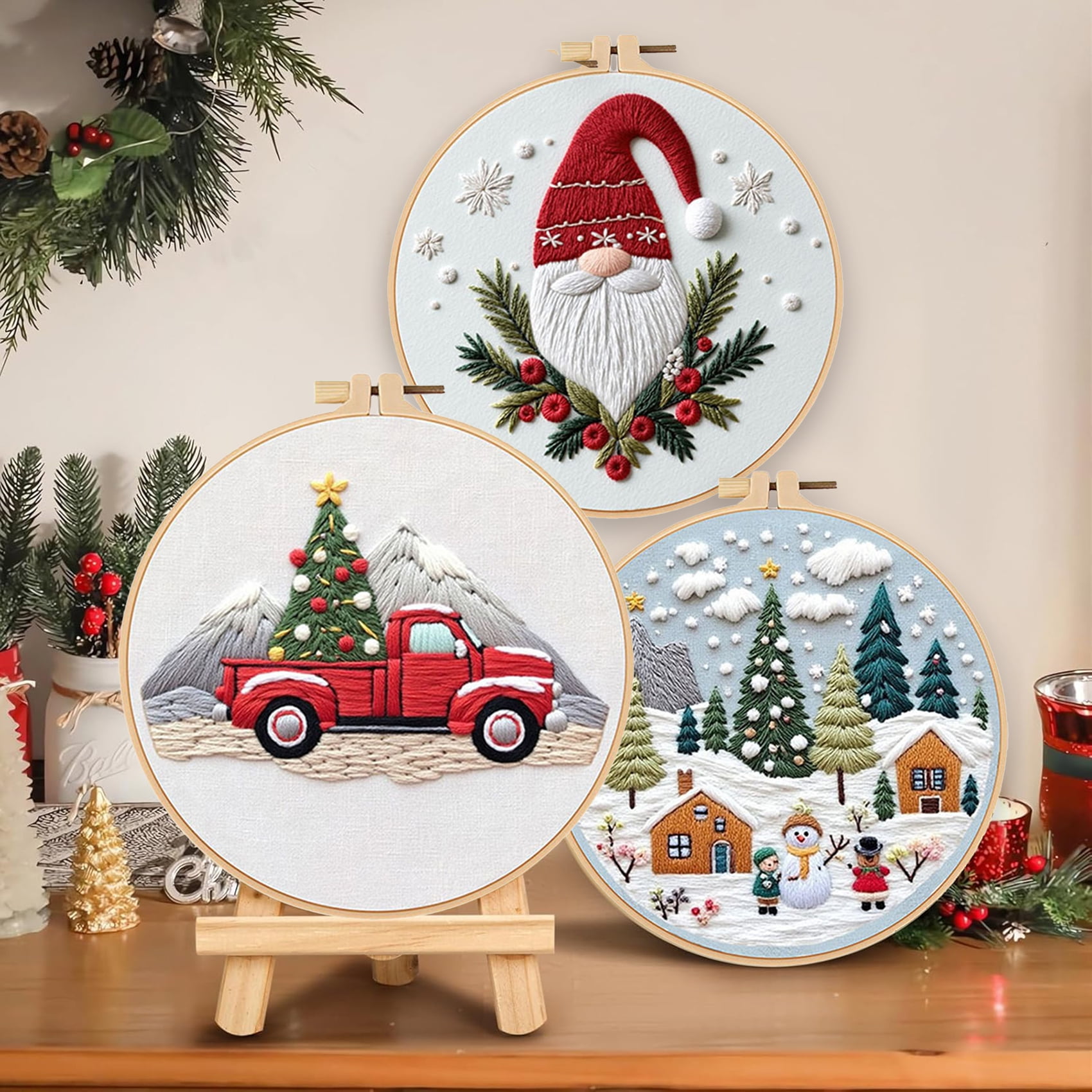 HVEST 3 Pack Christmas Embroidery Kit for Beginners - Xmas Tree & Gnome with Embroidery Pattern, Hoop, Complete Cross Stitch Supplies (Needle/Threads/Scissors) DIY Craft for Adults Sewing Hobby