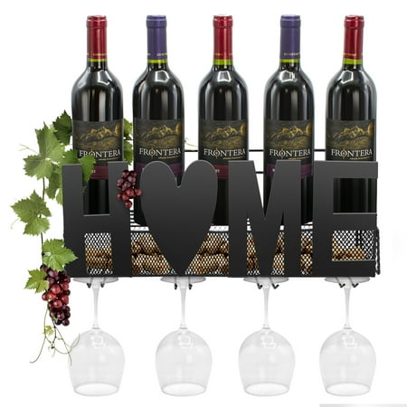 Wall Mounted Wine Bottle Holder (Sorbus Wine Bottle Stemware Glass Rack Cork Holder Wall Mounted - Holds Up To 5 Wine Bottles, 4 Stemware Glasses & Corks - Elegant Storage for Kitchen, Dining Room, Bar,)