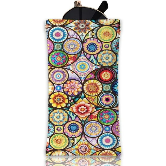 Round Colorful Mandala Soft Glasses Case Squeeze Top Eyeglass Case Travel PU Leather Sunglass Case Portable Sunglasses Pouch for Women Men