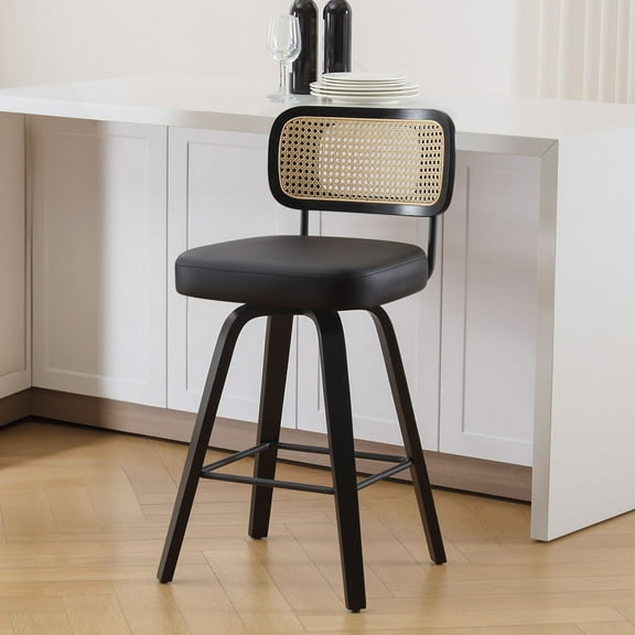 Swivel Counter Height Bar Stools, Set of 1, 26" Seat Height Upholstered PU Leather Barstools with Rattan Back Wood Legs for Home Kitchen Island, Black