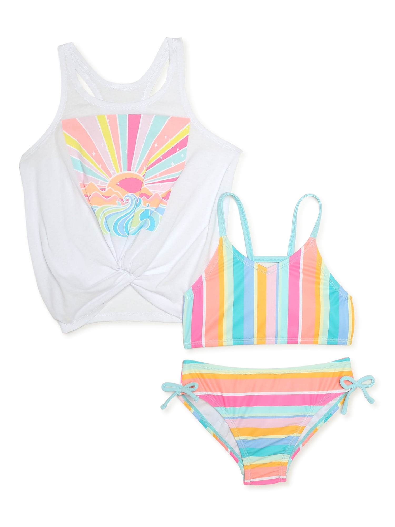 Shelloha Girls Knot Front Tank Top and Bikini Swimsuit 3-Piece Set, Sizes 4-16