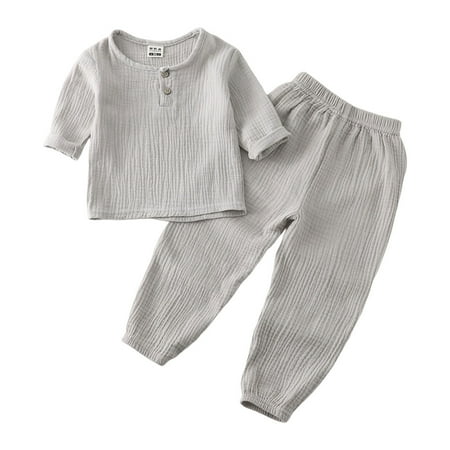 

OAUP 2PCS Toddler Boys Girls Outfit Sets Kids Baby Solid Color Pullover Long Sleeve Cotton Linen Sweatshirt T Shirt Crewneck Tops Shorts Set Clothes Fall Casual Trendy Outfit 6M-6Y