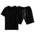 thumbnail image 2 of Cotton Linen Short Sets for Men Short Sleeve Band Collar T Shirt and Shorts 2 Piece Matching Set Mens Summer Outfits, 2 of 7