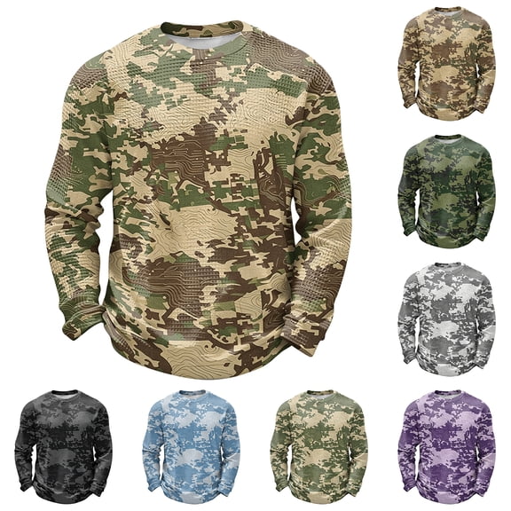 IAJDKMEK Men Casual Long Sleeve Shirts — Camouflage Waffle Knit Round Neck Casual Pullover Top with Soft Texture and Breathable Comfort Shirt,Black L