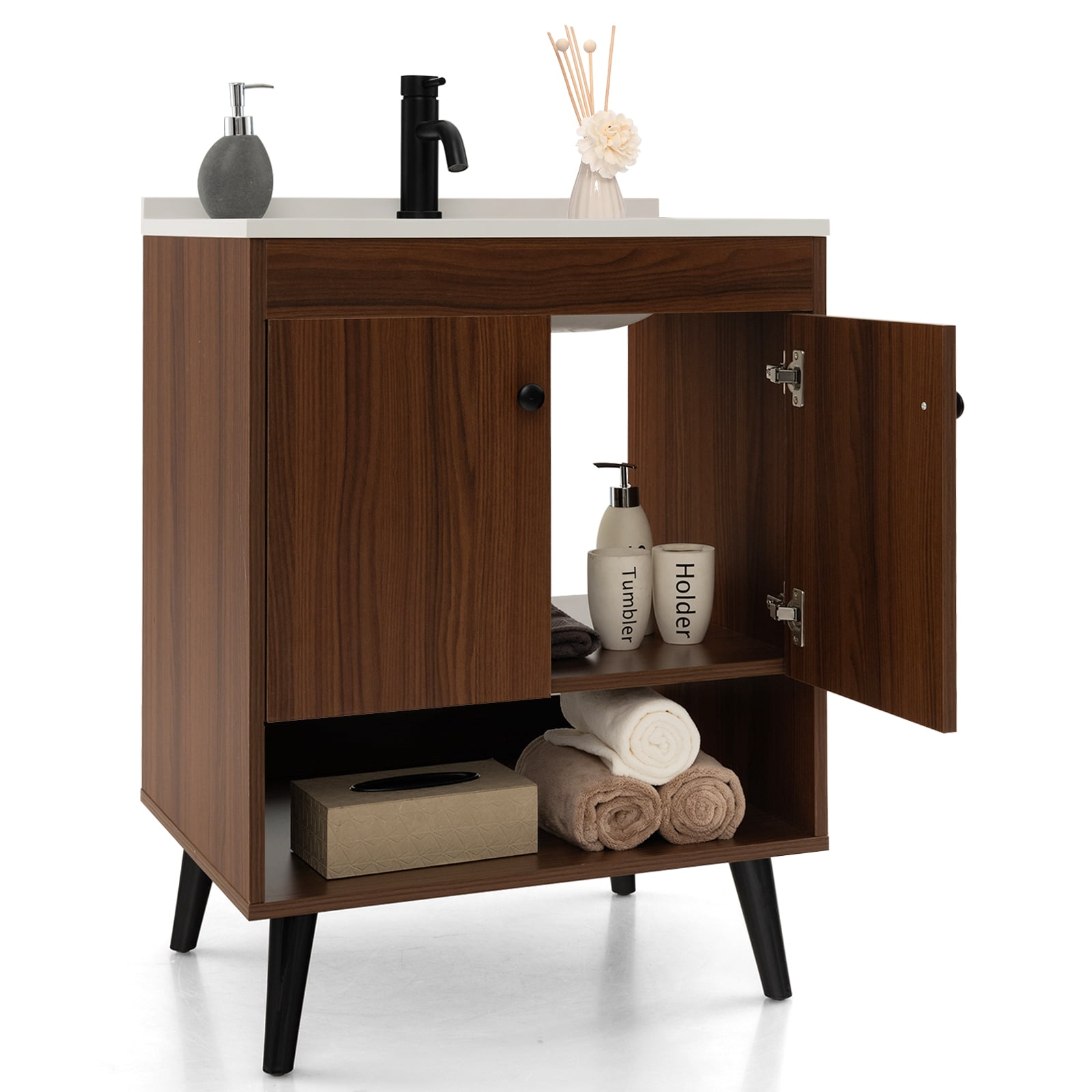 Giantex 25” Bathroom Vanity w/Sink Combo, Freestanding Cabinet, Wooden Faucet and Pop Up Drain