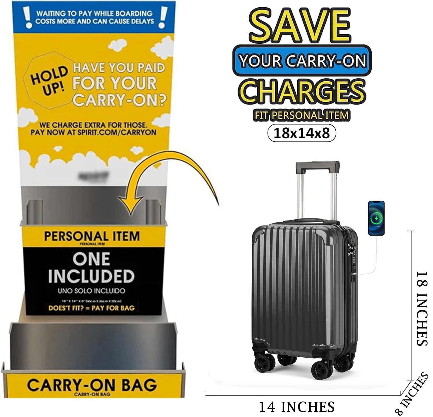 Personal Item Suitcase 18x14x8 Inches Hardside Built In TSA Lock & USB Port Lightweight Luggage With Removable Silent Wheels Underseat Carry-On Bag For Spirit and Frontier and More (Black)