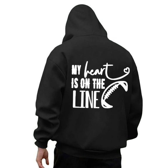 Mens Hoodies Football Game Day Loose Casual Pullover Long Sleeve Hooded Sweatshirt with Print Design Comfortable Warm Fall Winter Daily Wear Sweatshirts for Men Black L