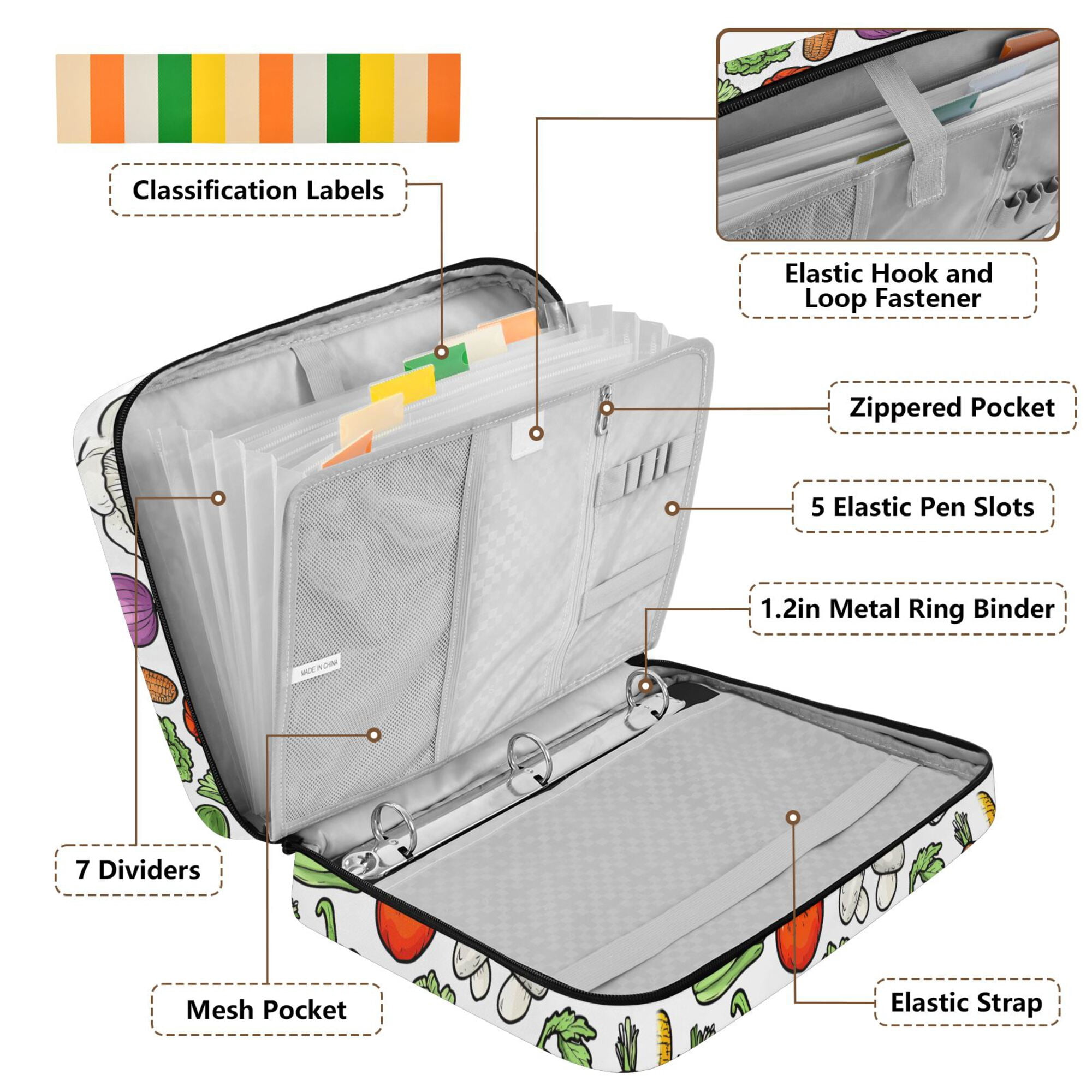 FORMRS Accordion File Folder A4 Size 7-Pocket Expanding Document Organizer Bag with 3 Ring Binder, Vegetables Pattern