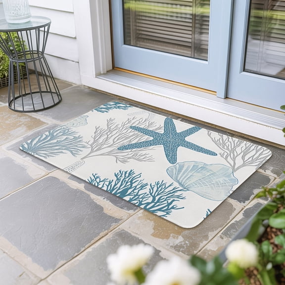 Starfish Coral Door Mat Indoor Outdoor, Coastal Ocean Seagrass Nautical Nature Non Slip Welcome Mat with Rubber Backing, Absorbent Fabric Front Door Mats Entryway Rug for Home Patio Entrance 18"x30"