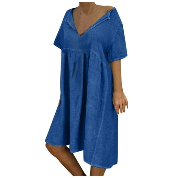 Summer Savings Clearance MIANHT Dresses for Women, Plus Size Dresses, Women Plus Size V Neck Short Sleeve Cottonblend Blouse Dress Casual Loose Dress