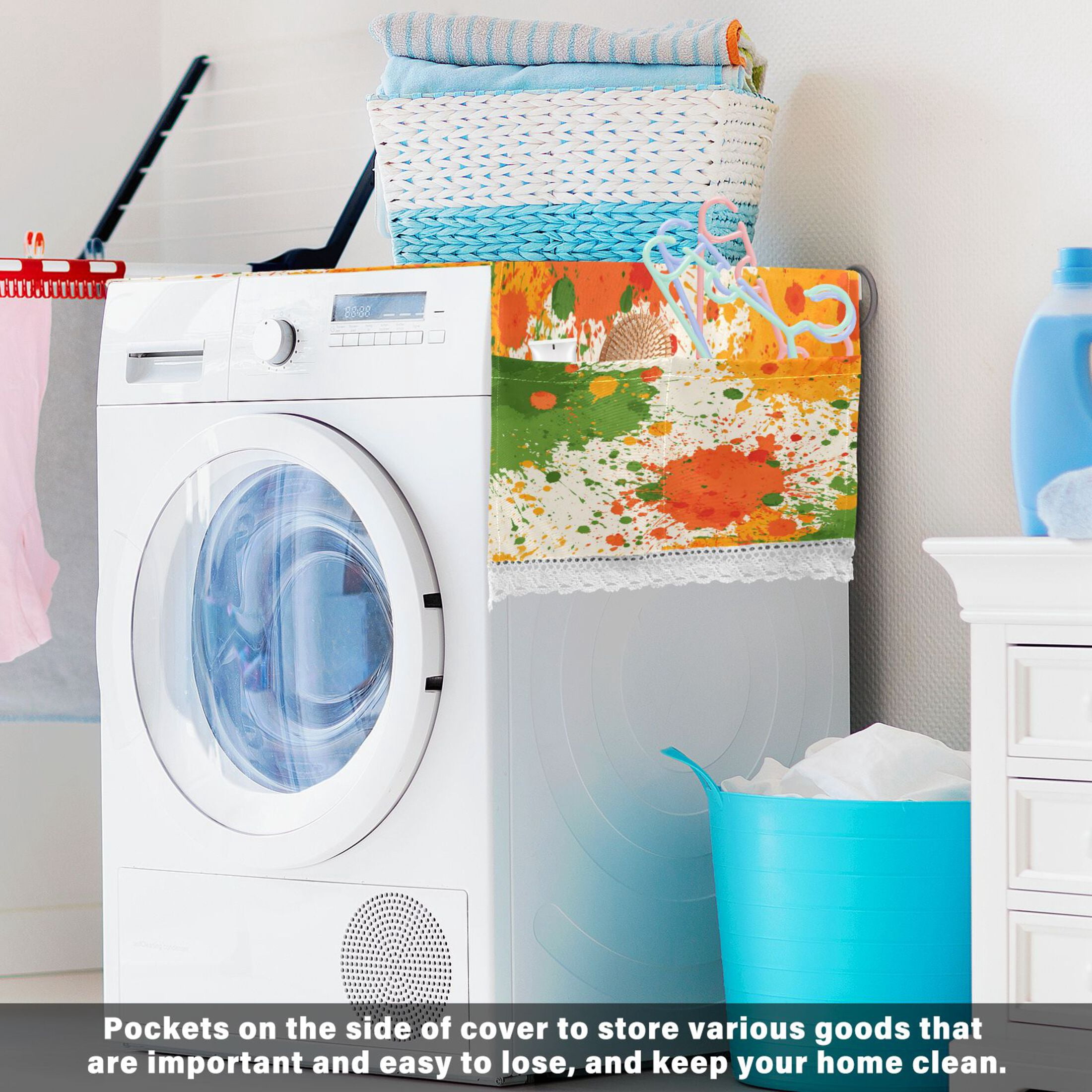 Dustproof Washing Machine Cloth Washer and Dryer Top Covers, Fridge Dust Cover, With Storage Bags Paint Splatter Pattern