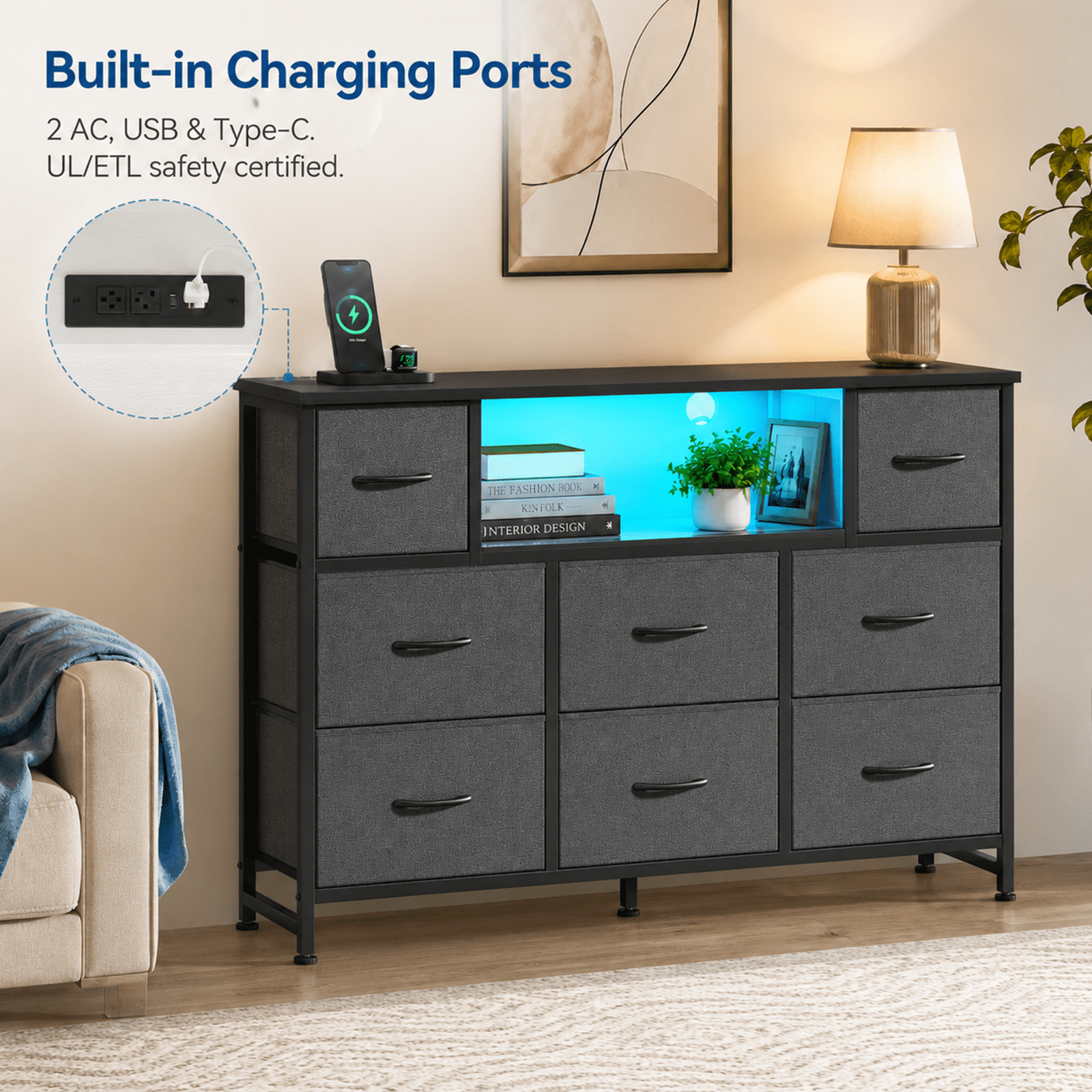 Alvantor Dresser TV Stand for 45, 50, 55 inch TV, Entertainment Center with LED Lights & Charging Station, Chest of Drawers with 8 Fabric Drawers and Open Shelves for Living Room, Hallway, Wood Top