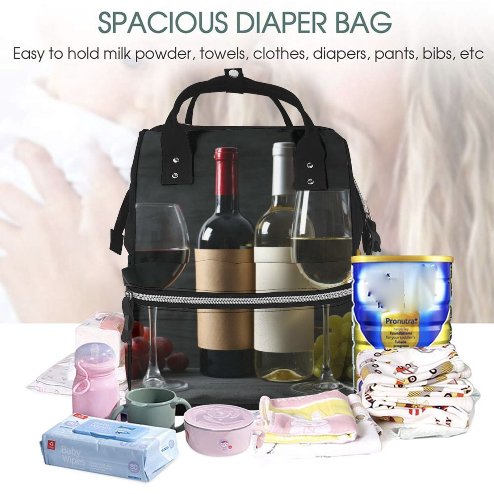 Ratiio Two Bottles Of Red And White Wine Mummy Backpack - Waterproof Twill Canvas, Large Capacity Diaper Bag with Multiple Pockets and Adjustable Straps