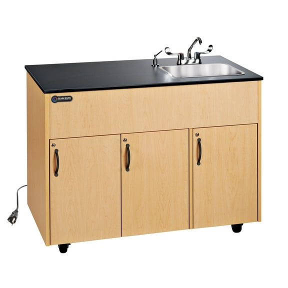 Ozark River Manufacturing, Advantage 1D, Portable Hand Wash Station, 110V, Maple Laminate Cabinet-Laminate Countertop, Hot Water Hand Washing Station with Countertop & Storage Space